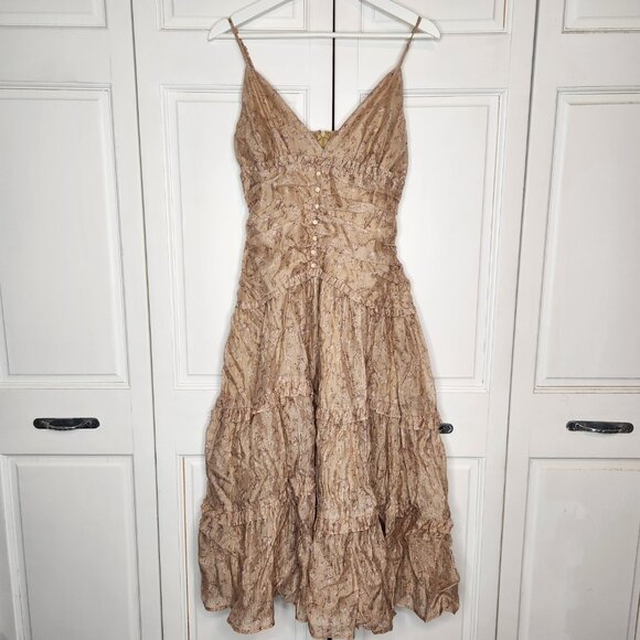 Storia Floral Tiered Midi Dress Cottagecore Boho Ruffle Tan Size M - Picture 2 of 12